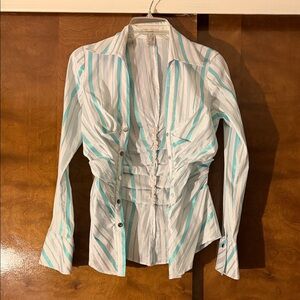 Vintage Cache White & Aqua Striped Ruched Button-Down Shirt